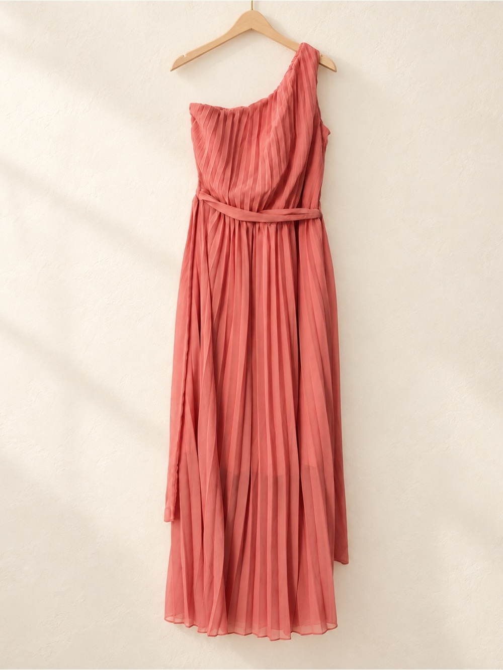Dusty Rose One-Shoulder Pleated Maxi Dress with Self-Tie Belt
